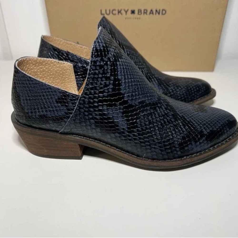 Lucky Brand Fausst Ankle Boots Navy Blue Black Snakeskin Women’s Size 7.5